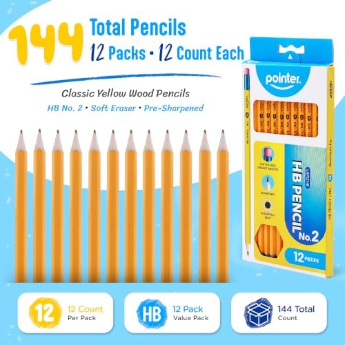 Pointer No. 2 HB Pencils Presharpened HB Wood-Cased Soft Erasers 144 Pack