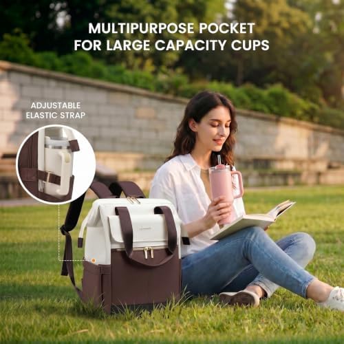 LOVEVOOK Laptop Backpack for Women with Giant Tumbler Holder, 15.6 Inch Work Laptop Bag with USB Port, Fashion Teacher Nurse Backpack Purse, Waterproof Travel Computer Backpack, 2PCS, Apricot-Coffee