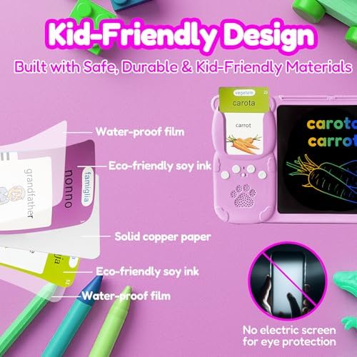 Writing Tablet with Bilingual Flash Cards for Kids, Italian Pink
