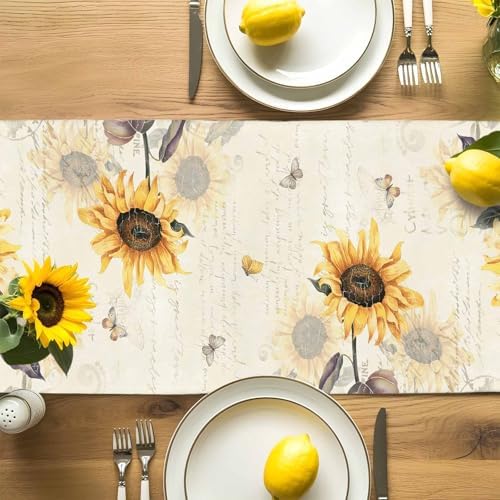Farmhouse Sunflower Table Runner Dresser Scarf 13 x 36 Inch Vintage Yellow Flower Butterfly Botanical Table Runners Non-Slip Heat Resistant Kitchen Dining Table Decor for Home Holidays Indoor Outdoor