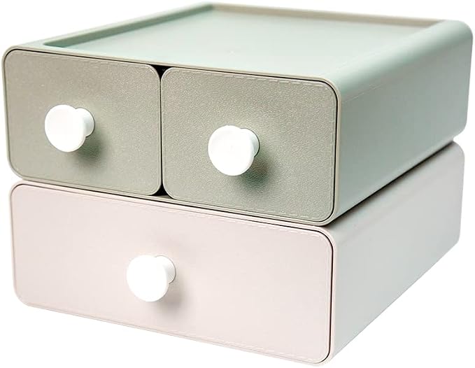 2 PCS Stackable Plastic Desk Organizer, Drawer Type Desktop Storage Box, Cosmetics Makeup Stationery, Gel Pens, Pencils, Markers, Tape, Erasers, Paperclips, Chargers, MD-2012 (Beige&Green)