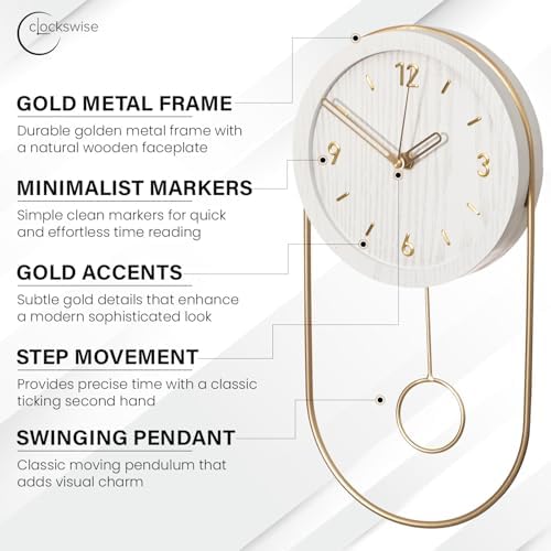 Clockswise 16-Inch Decorative Wall Clock Step Movement Mechanism Metal Frame Wooden Dial and Pendulum Design Battery-Operated Timepiece for Living Room Hallway or Office Décor, White