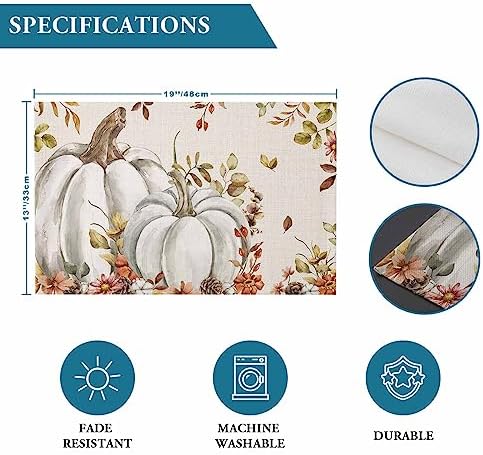 Fall Floral Leaves Placemats Set of 4, Thanksgiving Pumpkins Heat Resistant Washable Table Place Mats Boho Cotton Table Linens Party Holiday Decorations for Home Kitchen Dining Table Outdoor Indoor,