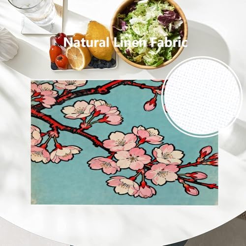 Batmerry Shabby Chic Cherry Blossom Linen Placemats Set of 6, Pink Floral Turquoise Background Washable Table Mats for Kitchen Table Thickened Heat Insulation Dining Set Indoor Outdoor 12X18 in