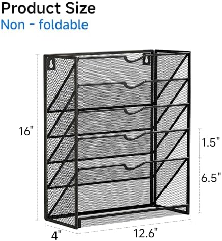 Lavatino 6-Tier Mesh Hanging Wall File Organizer with Hooks – No Installation Needed, Paper Mail Organizer Wall-Mounted File & Magazine folder Holder for Office and Home (Black)