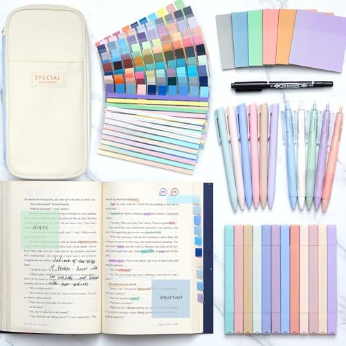 135 Pcs Book Annotation Kit with Pencil Case, 12 Pastel Highlighters, 11 Gel Pens, Fine Marker, 300 Transparent Sticky Notes, 2640 Index Tabs, Bible Study Supplies Kit(Classic,Light Blue)