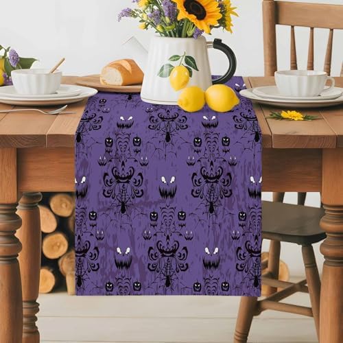 Halloween Haunted Table Runner Dresser Scarf 13 x 120 Inch Purple Black Ghost House Mansion Table Runners Non-Slip Heat Resistant Kitchen Dining Table Decor for Halloween Holidays Indoor Outdoor