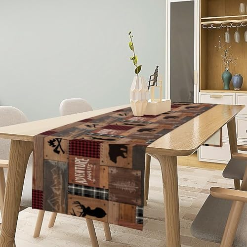 Rustic Cabin Moose Deer Bear Table Runner, Retro Bear Cottage Country Style Cabin Farmhouse Dinner Runner for Home Kitchen Dining Table Decoration 13"x70"