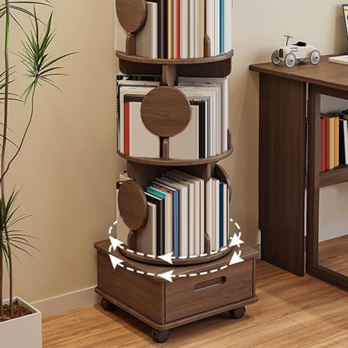 Small Bookshelf with Storage Drawer for Small Spaces Corner Rotating Bookshelf 360 Display 2-4 Tier Revolving Bookcase with Brake Wheels for Bedroom Living Room Study Room ( Color : Walnut , Size : Tw