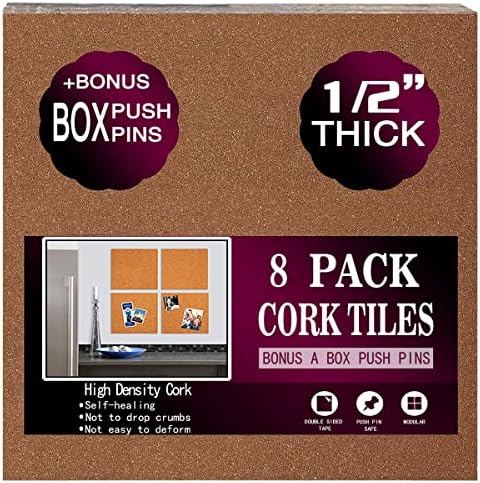 Cork Board Tiles 12"x12" - 1/2" Thick - 8 Pack Cork Tiles - Bulletin Board - Mini Wall (8pack) (8pack 30.5 * 30.5 * 1.2)