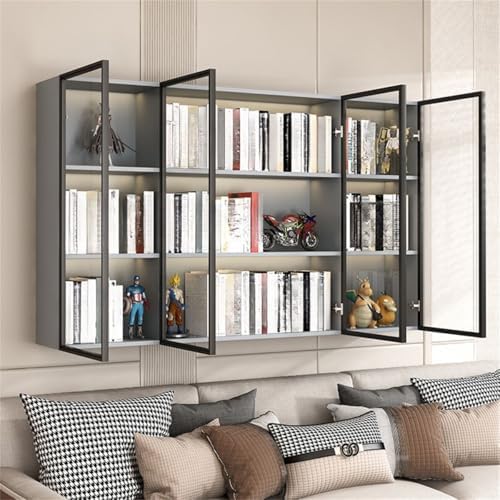Wall Hanging Lateral Filing/Vertical Timber Wall Unit Transparent Glass Door Shelf Wall-Mounted Wood Bookcase Action Figure Model Storage Cabinet Display Case Grey 63" L x 10" W x 38" H