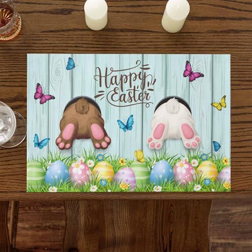 Spring Easter Placemats Set of 4, Funny Bunny Tails Rabbit Heat Resistant Washable Dining Table Mats Floral Farmhouse Decor for Kitchen&Table Linens Outdoor IndoorOutdoor Indoor