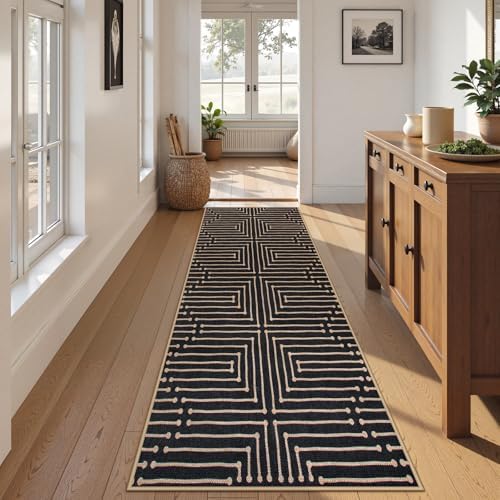 Lahome Maze Lines Washable Kitchen Runner Rug, 2x8 Black Outdoor Runner Rug