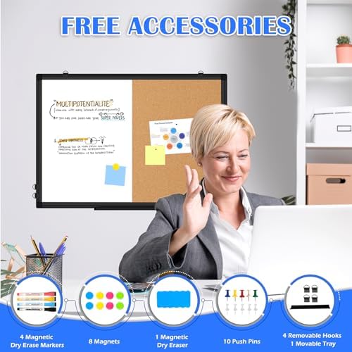 Magnetic Dry Erase White Board Cork Board Combo for Wall with Accessories