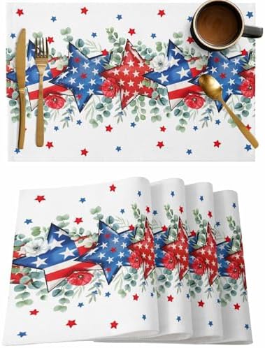 4th of July Placemats Set of 4, Patriotic Memorial Day Heat Resistant Washable Dining Table Mats Holiday Farmhouse Decor for Kitchen&Table Linens Outdoor Indoor, American Stars Summer Poppy Eucalyptus