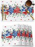 4th of July Placemats Set of 4, Patriotic Memorial Day Heat Resistant Washable Dining Table Mats Holiday Farmhouse Decor for Kitchen&Table Linens Outdoor Indoor, American Stars Summer Poppy Eucalyptus