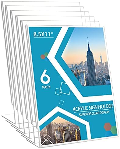 Acrylic Sign Holder 6 Pack 8.5x11 Slant Back Acrylic Stands for Display Plexiglass Clear Acrylic Display Stands for Ad Frame, Picture Photo Frames, Promotions, Restaurants, Office, Store, Home