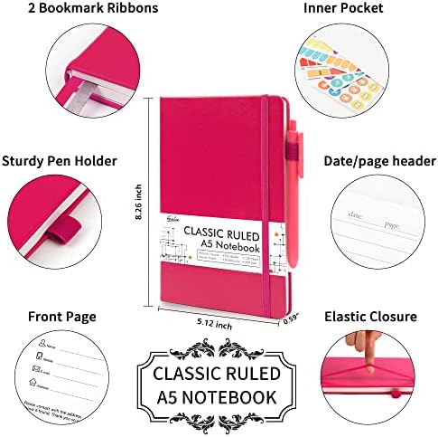 feela 3 Pack Notebooks Journals Bulk, Hardcover Notebook Classic Ruled Lined Journals with Pen Holder for Women Girls School Business Supplies, with 3 Black Pens, 120 GSM, 5.1”x8.3”, A5, Berry