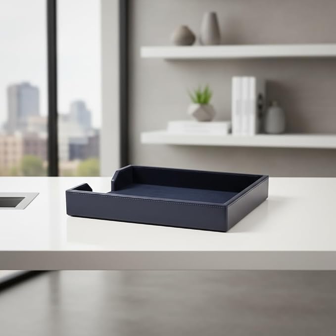 Dacasso Navy Blue Bonded Leather Luxury Letter Tray Holder & Paper Organizer for Desk - Executive Desk Decor & Office Organization Essential
