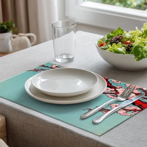 Batmerry Shabby Chic Cherry Blossom Linen Placemats Set of 8, Turquoise Vintage Washable Table Mats for Kitchen Table Thickened Heat Insulation Dining Set Indoor Outdoor 12X18 in