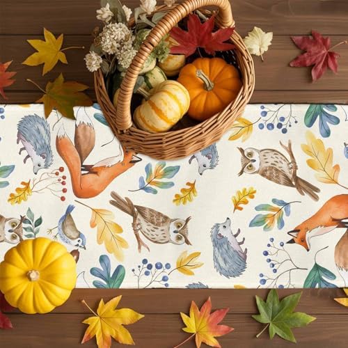 Fall Table Runner Autumn Animal Table Runners Harvest Thanksgiving Owl Bird Fox Leaves Cotton Linen Dresser Scarf Kitchen Dining Table Decor for Autumn Holiday Party Coffee 13x108 Inch