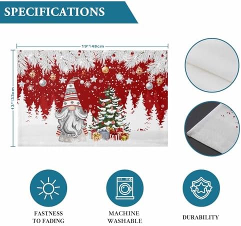 Christmas Gnome Placemat 1PC, Winter Merry Christmas Tree Balls Heat Resistant Washable Table Place Mats Red Cotton Table Linens Party Holiday Decor for Kitchen Dining Outdoor Indoor