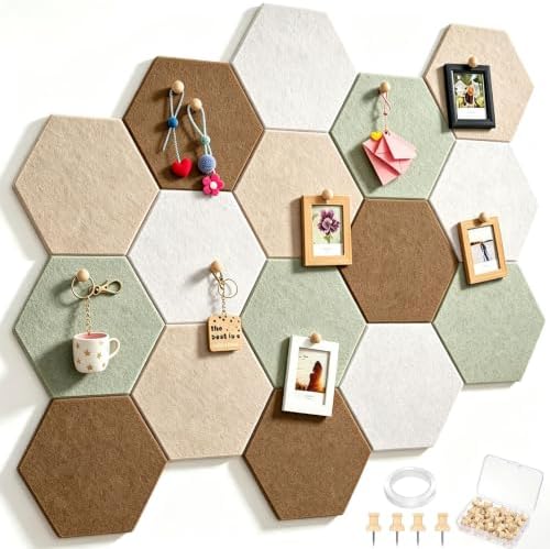 12x10 in 16 Pcs Hexagon Cork Board Tiles, Felt Pin Boards, Sage