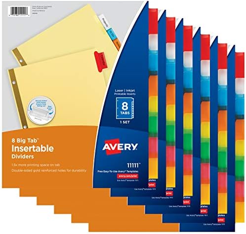 Avery 8-Tab Binder Dividers for School, Medical Office Supply, or Home Organization, Insertable Multicolor Big Tabs, 6 Sets (11111)
