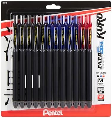 Pentel EnerGel Kuro Liquid Gel Pen, 0.7mm, Medium line, Assorted Ink, 12-Pk (BL437R1BP12M1)