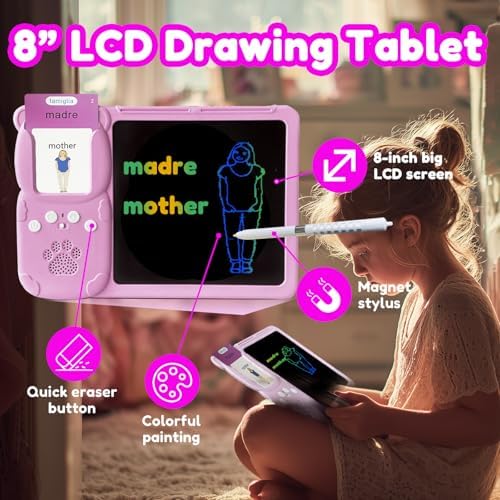 Writing Tablet with Bilingual Flash Cards for Kids, Italian Pink