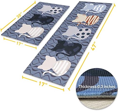 Cat Kitchen Rugs and Mats for Floor 2 Piece Sets, Cat Floor Mat for Kitchen, Farmhouse Waterproof Cats Kitchen Mat in Front of Sink for Standing for Country Kitchen Decor 17"X30"+17"X47"