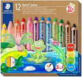 STAEDTLER Noris Junior 3-in-1 Jumbo Coloring Pencils: 12 Count - Colored Pencil, Wax Crayon, & Watercolor Pencil All In One, Toddler & Preschool Art for Ages 2+, With Sharpener, Easy Grip