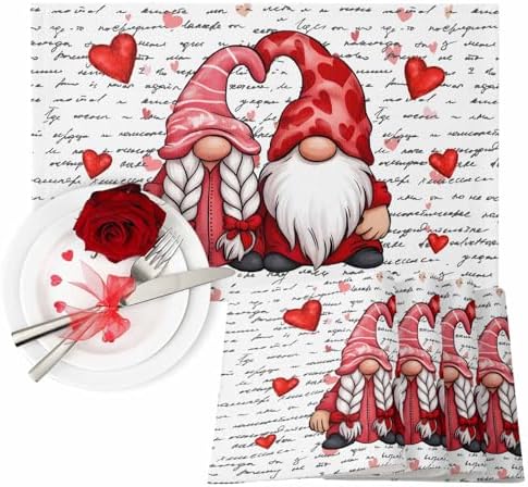 Valentine's Day Placemats Set of 4, Gnome Couple Place Mats Washable Dining Table Mats Wedding Anniversary Party Romantic Valentines Decor for Kitchen&Linens Outdoor Indoor, Red Love Heart Letter