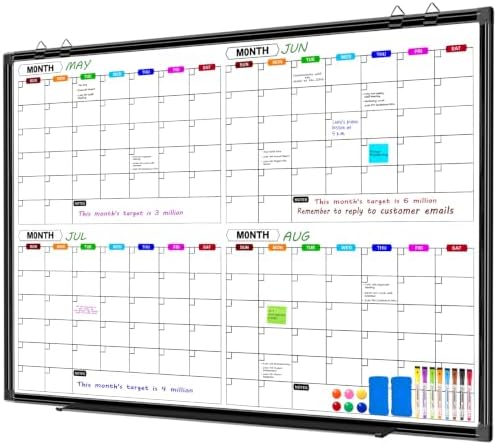 Calendar Whiteboard for Wall 48" x 36", 4 Month Dry Erase Calendar