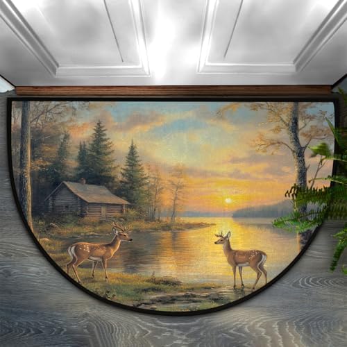 Deer Maple Autumn Half Round Door Mat Non Slip Washable Semi Circle Area Rug Absorbent Soft Half Moon Rug Floor Mat for Indoor Outdoor Kitchen Bathroom Patio Front Door Mat Decor