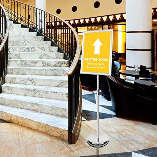 DISPLAYSWORKER Adjustable Poster Sign Stand,Floor-Standing Sign Holder with Heavy Duty Pedestal,for school hospital church shopping mall Silver 11 x 17inch