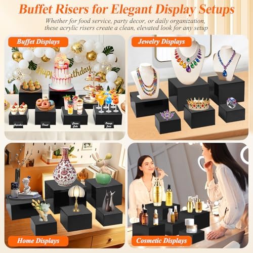 8Pcs Black Acrylic Buffet Risers with Mini Sign and Marker, Black Acrylic Risers for Party Catering Dessert Jewelry Collectibles with Hollow Bottoms Nesting Cube Box (9.5" 9" 8" 7.5" 6.8" 6" 5" 5")
