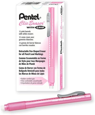 Pentel Clic Eraser Grip, Retractable Eraser, Pink Barrel, Box of 12 (ZE22P)