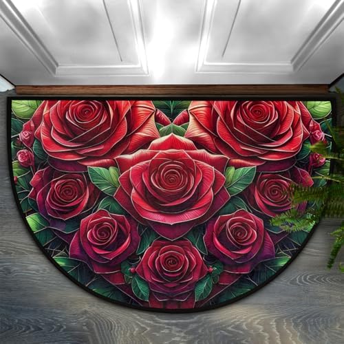Valentine Rose Flower Half Round Door Mat Non Slip Washable Semi Circle Area Rug Absorbent Soft Half Moon Rug Floor Mat for Indoor Outdoor Kitchen Bathroom Patio Front Door Mat Decor