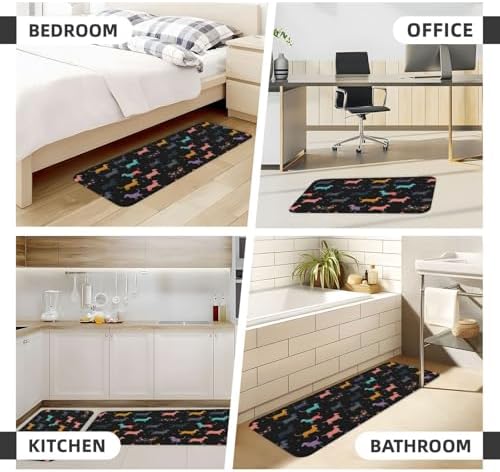 Dachshund Puppy Dog Kitchen Floor Mat 2 Sets, Non Slip Rugs Absorbent Mats for Floor Countertop Office Home, Black Cartoon Indoor Outdoor Decor Doormat 17" x 29.5" + 17" x 47"