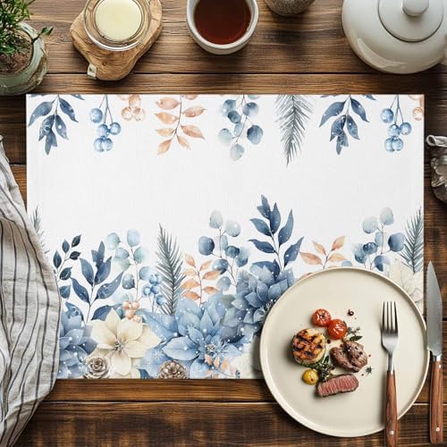 Blue Christmas Poinsettia Placemats Set of 6, Winter Eucalyptus Leaves Heat Resistant Washable Table Place Mats Cotton Table Linens Party Holiday Decor for Kitchen Dining Outdoor Indoor