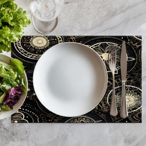 Batmerry Circular Patterns Floral Designs Placemats, Black and Gold Decorative Patterns Washable Linen Table Mats for Kitchen Table Double Insulation Decor Dining Set Indoor Outdoor 12X18 in Set of 8