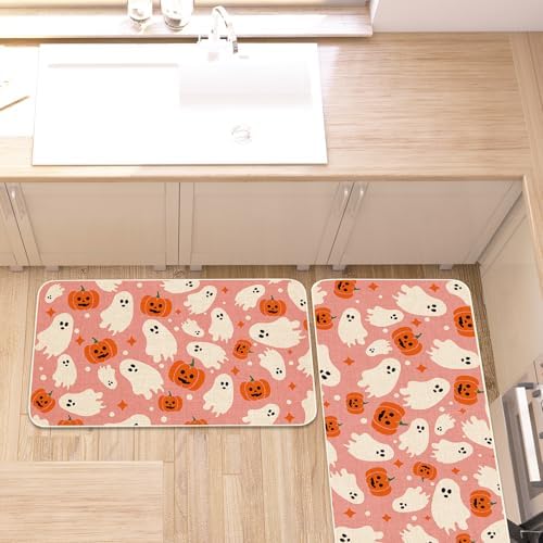 JarThenaAMCS Halloween Kitchen Mats Set of 2 Pink Ghost Pumpkin Kitchen Floor Mat Non-Slip Decorative Bathroom Rugs for Party Home Entrance, 17 x 29 Inch & 17 x 47 Inch