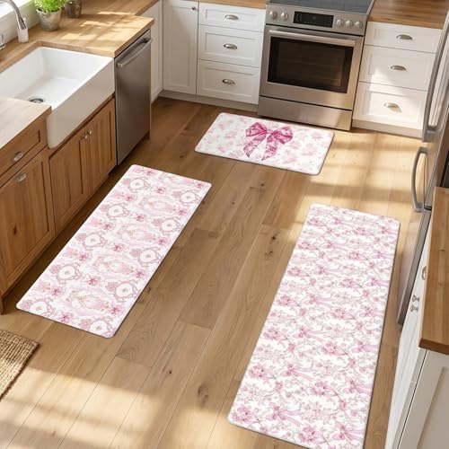 Pink Bow Kitchen Rug and Mat, Cute Coquettte Kitchen Rugs