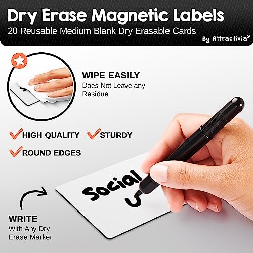Attractivia Dry Erase Magnetic Labels 3.7 x 2.8 in, Medium Dry Erase Magnets, 20-Pack, White Erasable Write-On All-Purpose Labels, for Office, Education, Home, Whiteboard