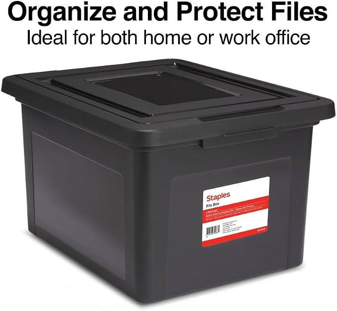 Staples Plastic File Box with Snap Lid, Letter/Legal Size, Black, 4/Carton | Stackable storage box keeps hanging files organized and protected.