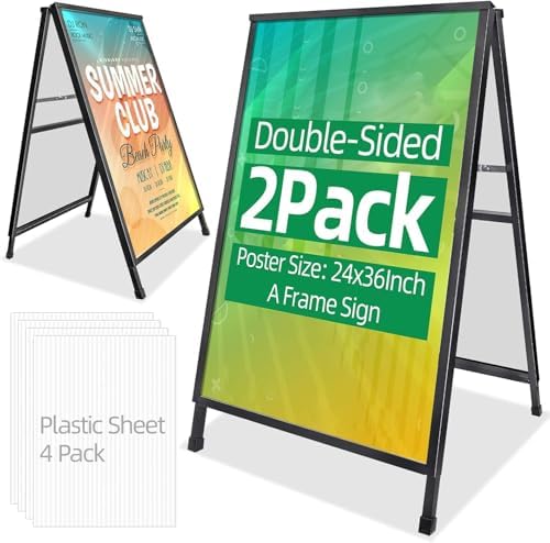 2 Pack Heavy Duty A-Frame Sidewalk Sign 24 x 36 Inch, Portable Double-Sided Sandwich Board Slide-in Folding Metal Signboard with 4 Plastic Poster Boards