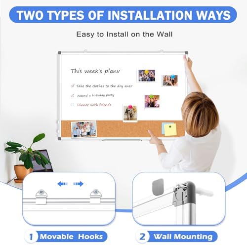 Whiteboard Cork Board Combo for Wall, 24" x 18" Dry Erase Whiteboard