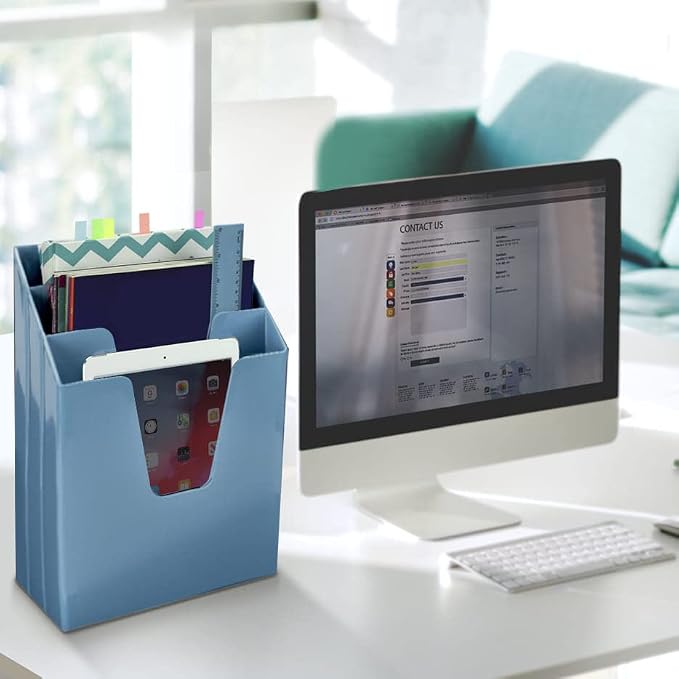 Acrimet Vertical Triple File Folder Holder Organizer Sorter, Blue | Open Top Design, 3 staggered Compartments, Wall-Mountable or Desktop, Plastic