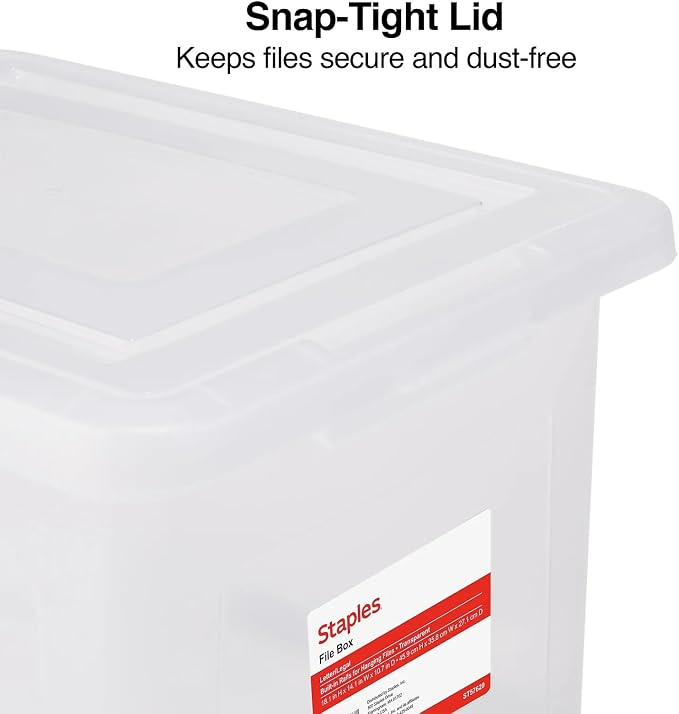 STAPLES Plastic File Box with Snap Lid, Letter/Legal Size, Clear, 4/Carton | Stackable storage box keeps hanging files organized and protected. Pack of 4.